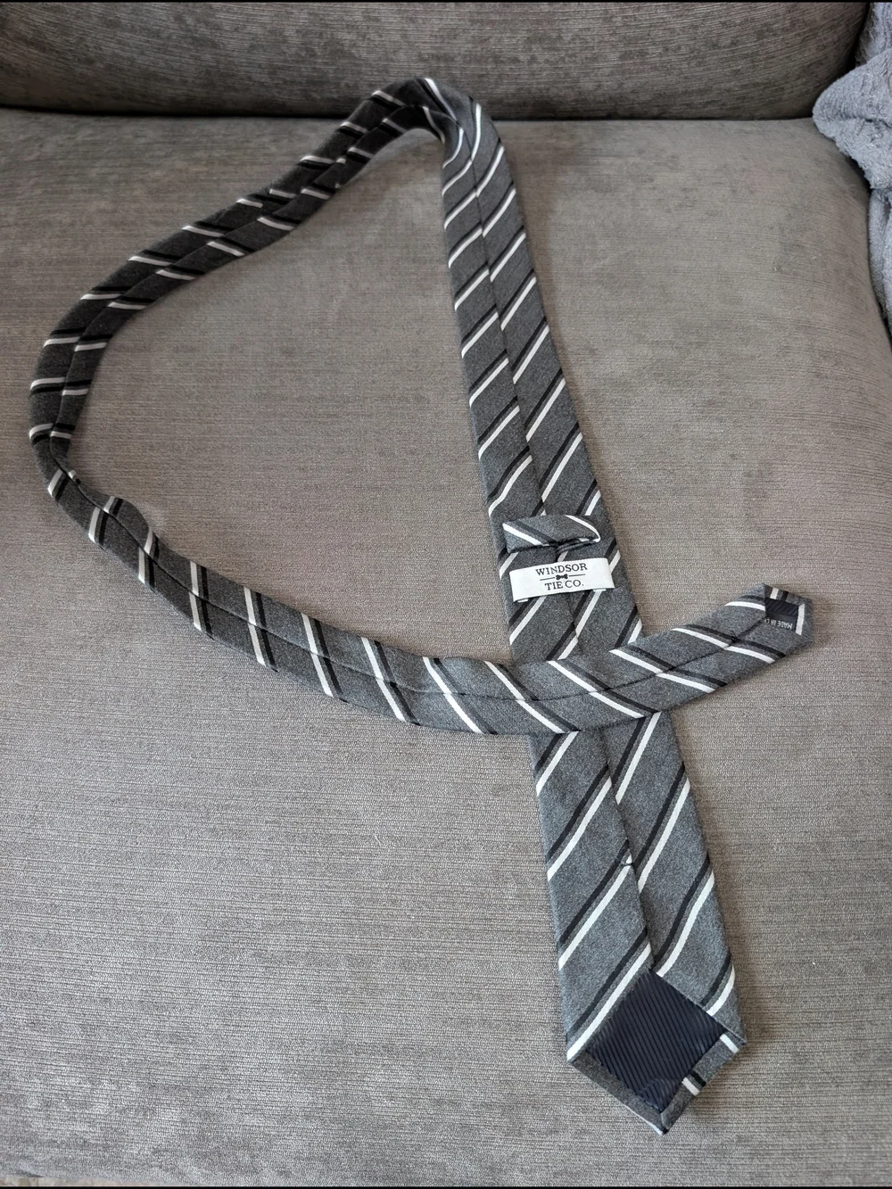 Windsor Tie Co Men’s Gray Black White Striped 100% Cotton Necktie